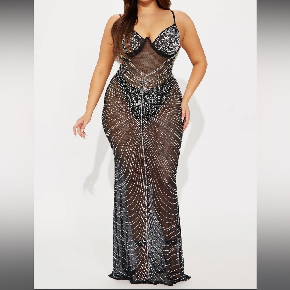 Attention Embellished Mesh Maxi Dress